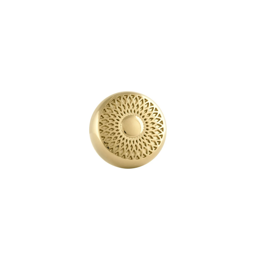 Brass essence Mahi Amerock polished brass lattice knob with intricate geometric pattern, ideal for cabinet or drawer hardware.