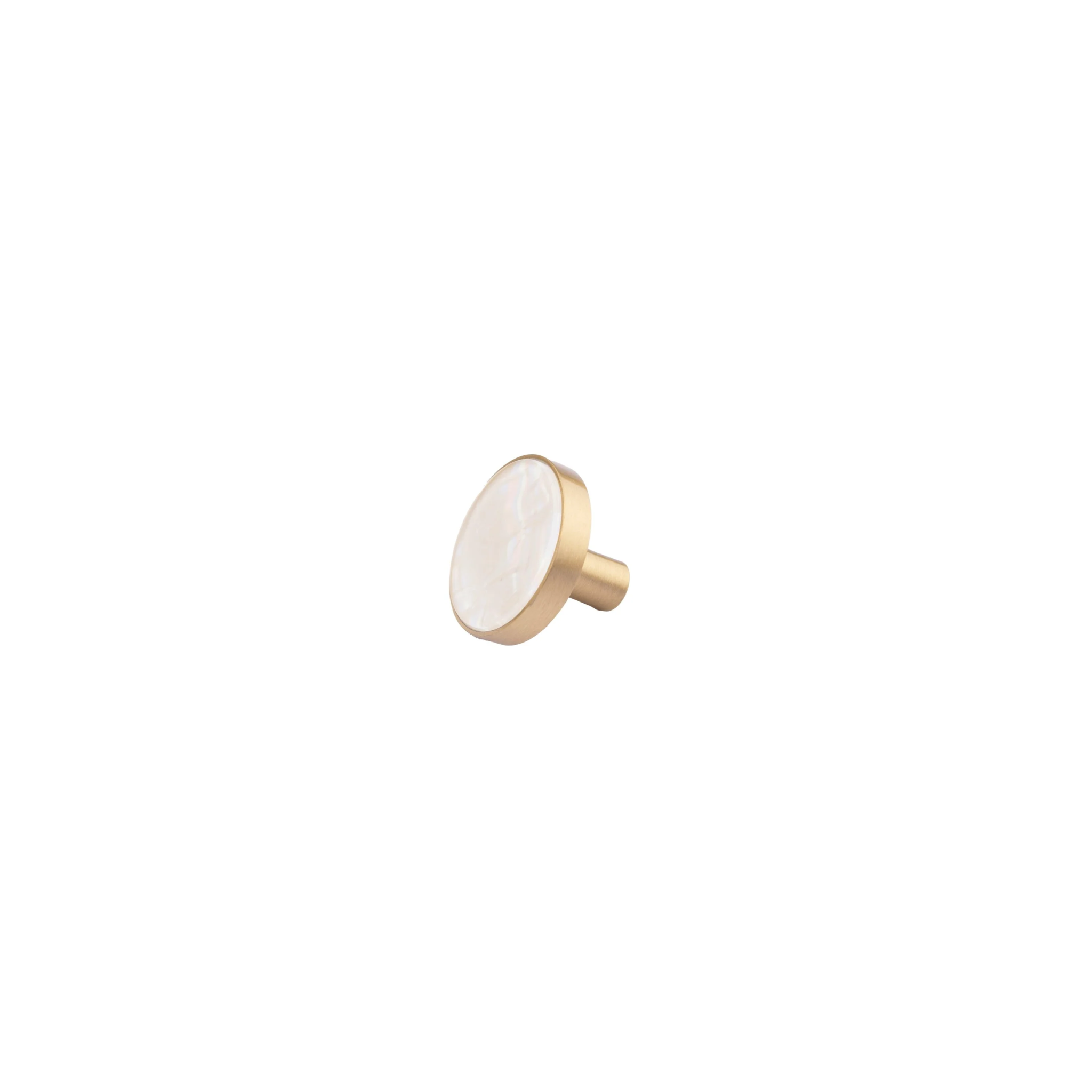 Brass Essence mother of pearl and brass round cabinet knob with a polished finish, ideal for furniture hardware.