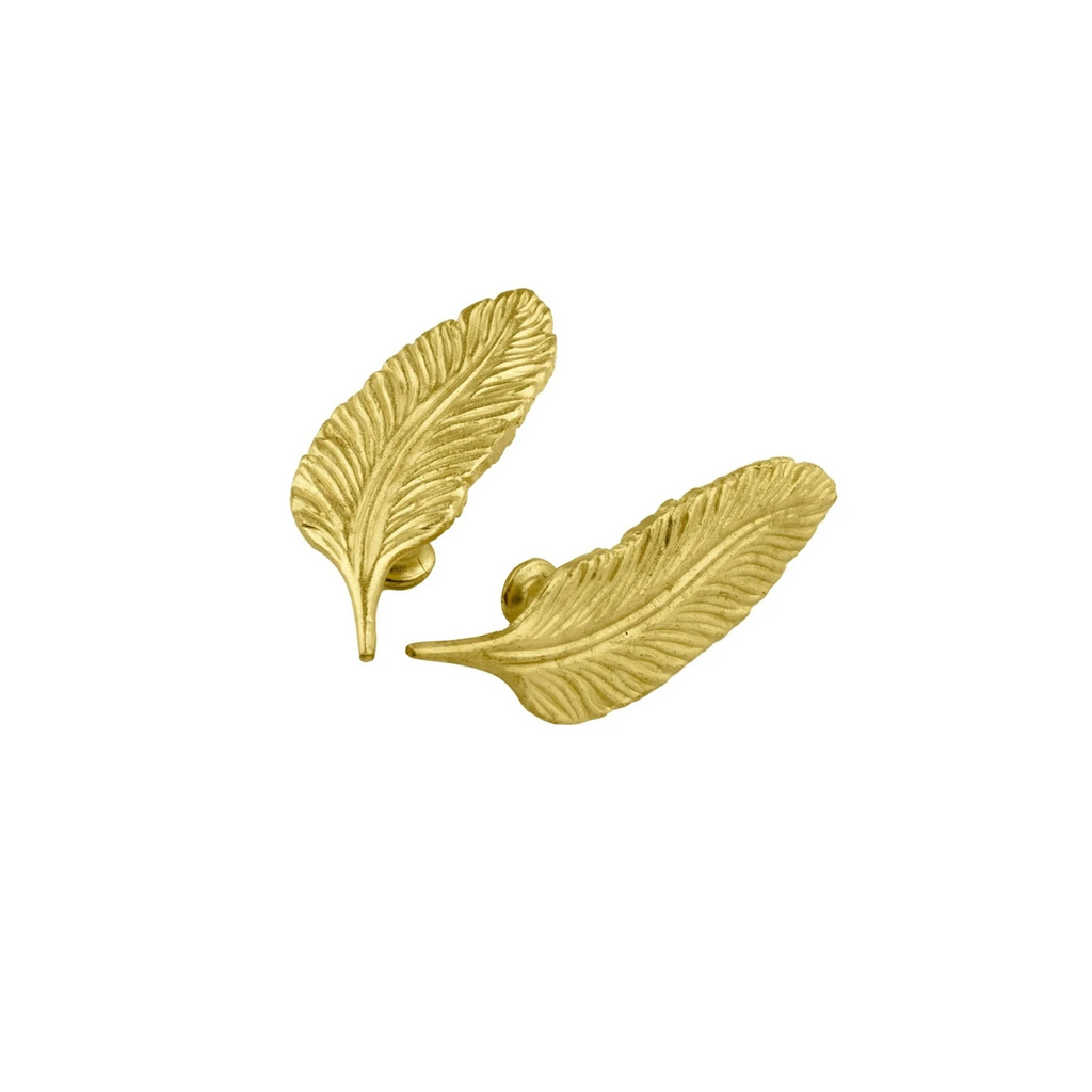 Solid brass leaf cabinet handle, left and right, from Brass Essence, featuring detailed leaf design for furniture hardware.