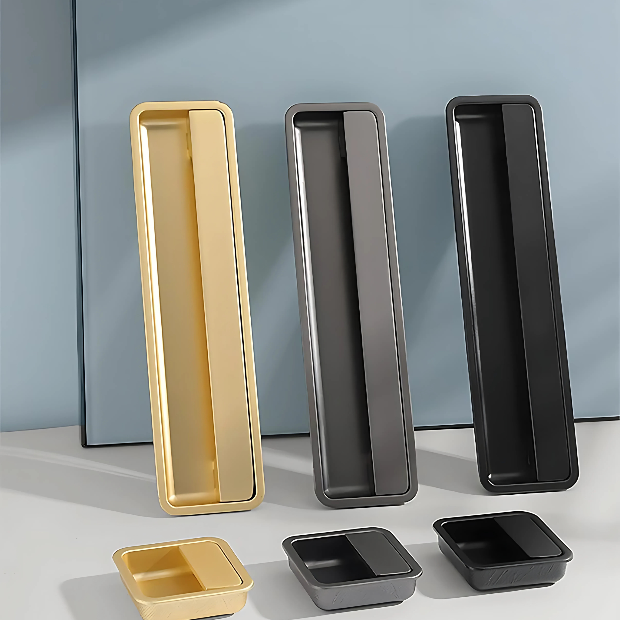 Recessed matte zinc cabinet handle from Brass Essence's Zinc Collection, showcasing sleek, modern hardware for kitchen or furniture.