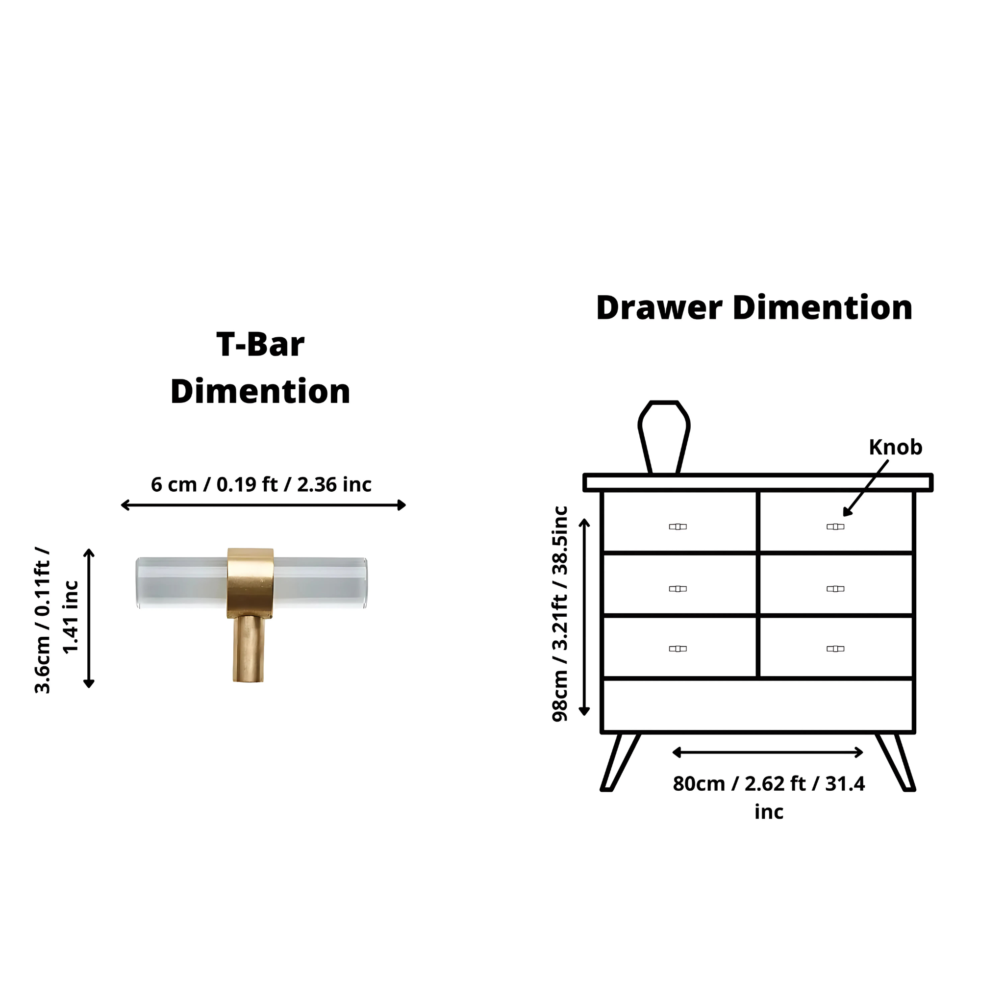 Brass Essence clear acrylic and brass T-bar handle collection, showcasing sleek modern hardware for furniture or cabinetry.