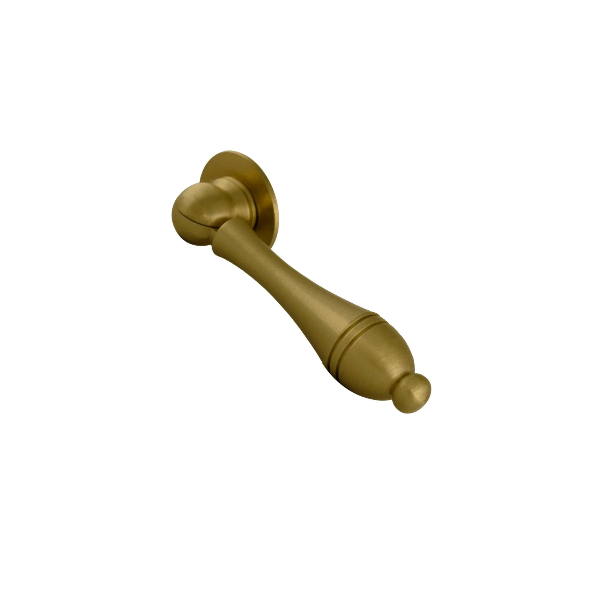 Brass Essence Legacy brushed brass cabinet lever handle with sleek design and polished finish, mounted on a cabinet door.