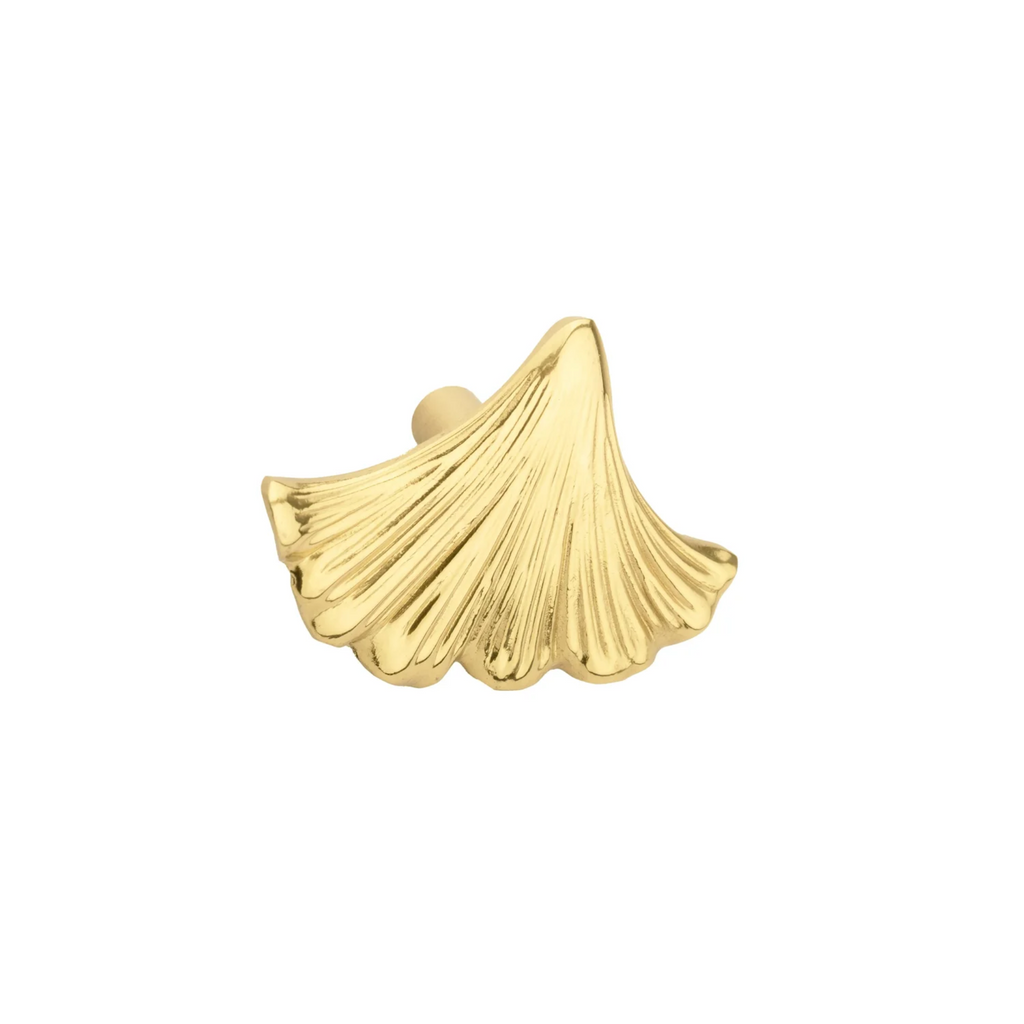 Polished gold ginkgo leaf cabinet pull by Brass Essence, decorative hardware for furniture or cabinets.