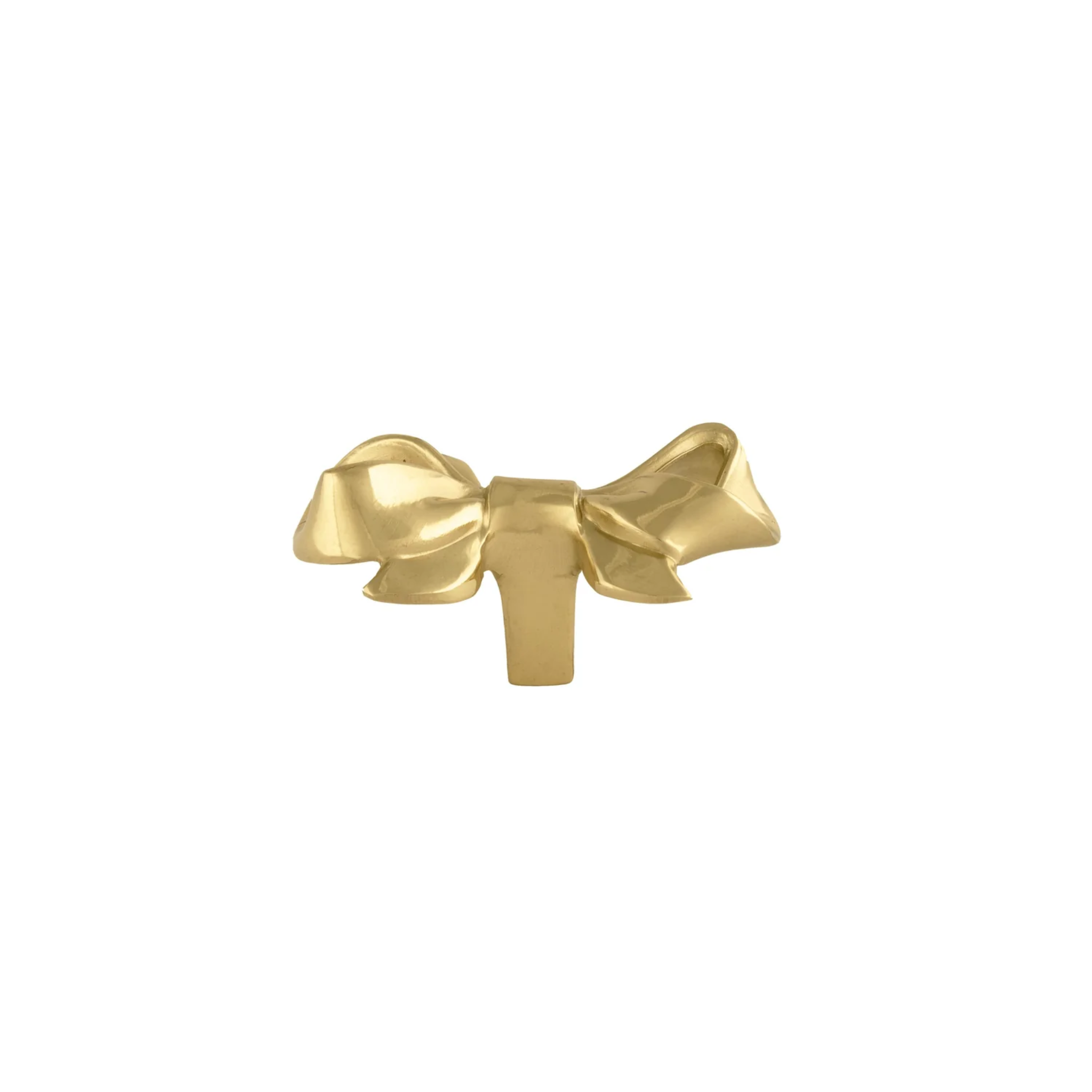 Polished brass bow cabinet knob by Brass Essence, featuring a smooth, shiny finish and elegant bow design for furniture hardware.