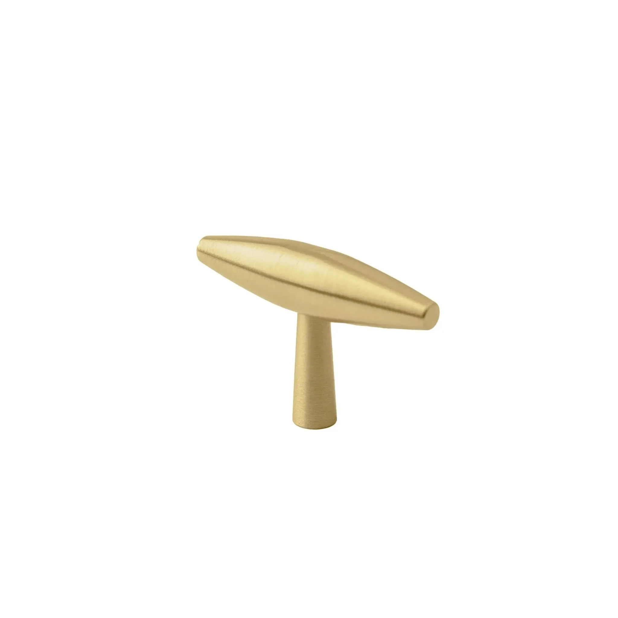 Brass Essence tapered brass cabinet pull with spindle design, ideal for furniture or cabinetry hardware.