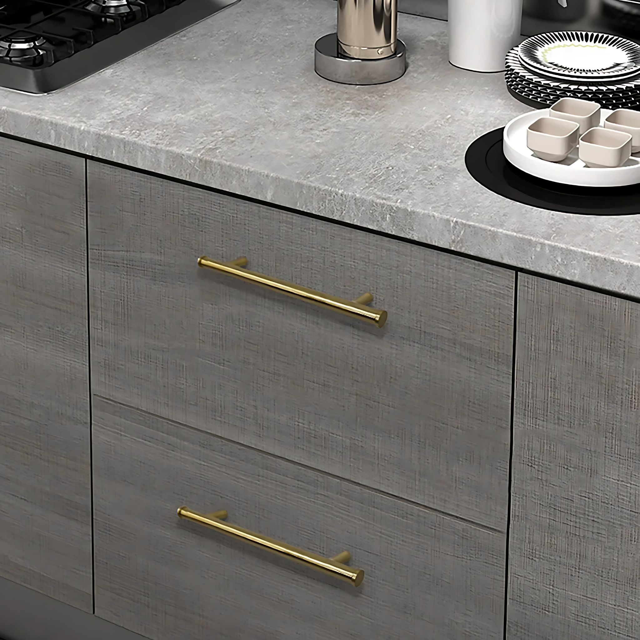 Solid brass Euro Bar cabinet pull from Brass Essence, featuring a sleek, polished finish and modern design for furniture hardware.