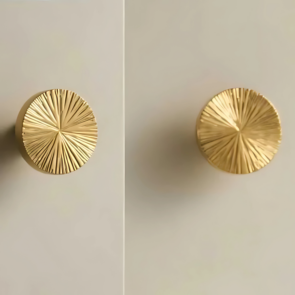 Brass Essence hammered sunburst brass cabinet knob with textured finish, decorative hardware for furniture or cabinetry.
