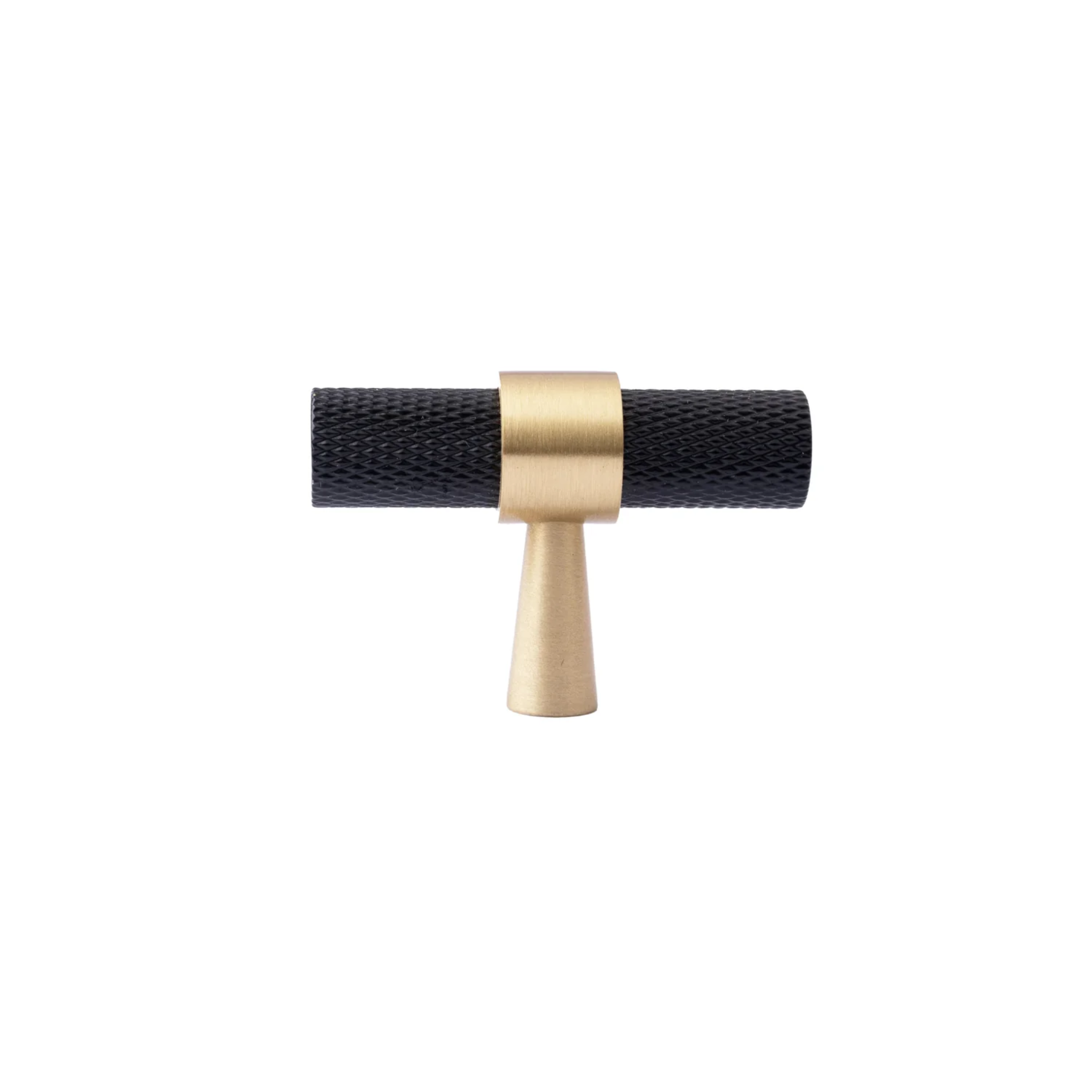 Brass Essence knurled black and gold T-Bar handle from the collection, showcasing textured grip and sleek metallic finish.