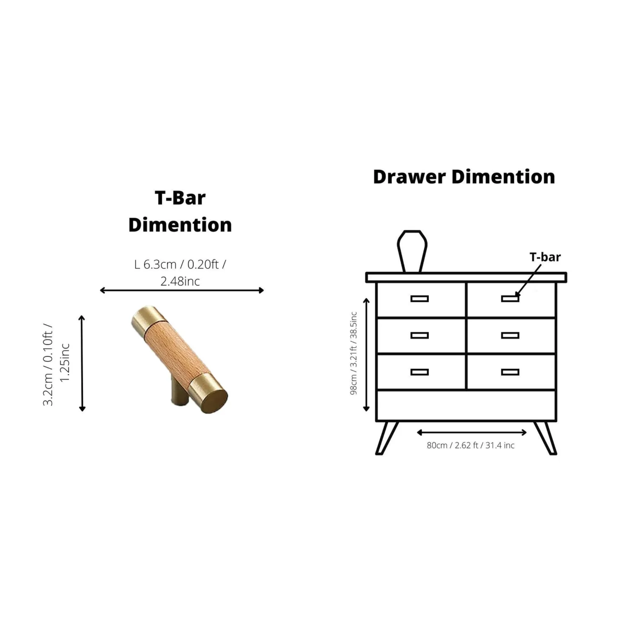 Natural wood and brass T-bar handle from Brass Essence collection, showing close-up of sleek, modern hardware on a furniture piece.