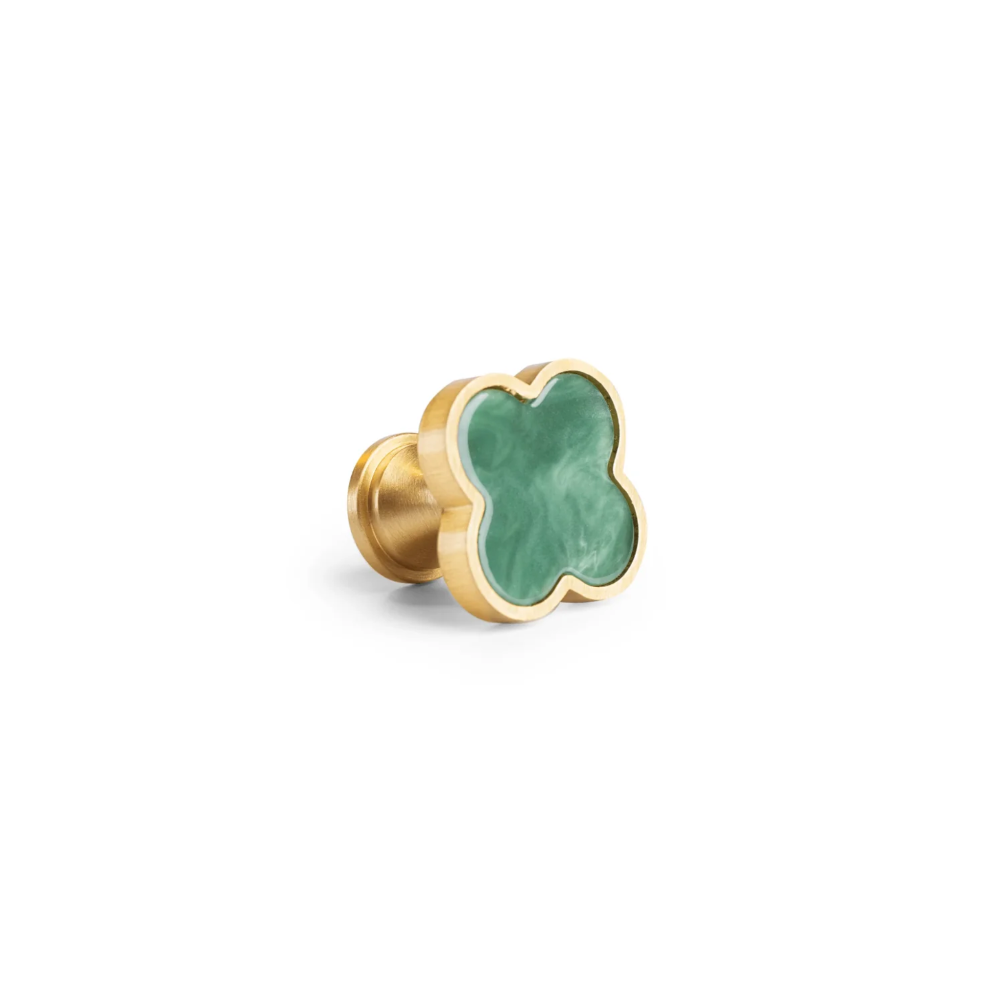 Brass Essence Clover Brass Cabinet Knob from the collection, showing a polished brass finish and classic clover shape for cabinet decor.