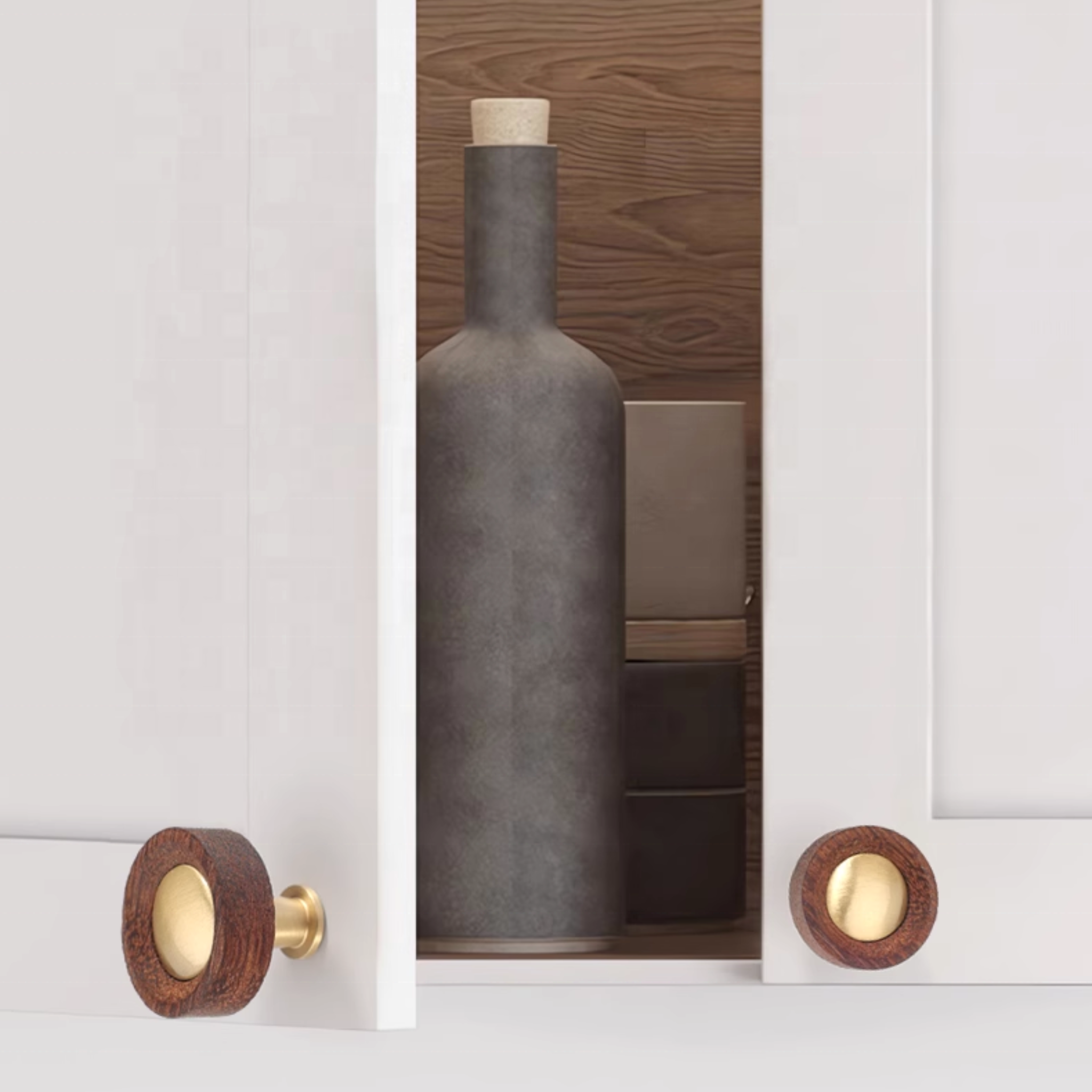 Brass Essence brushed brass and Wenge wood handles, modern drawer or cabinet pulls with sleek wood and metal design.