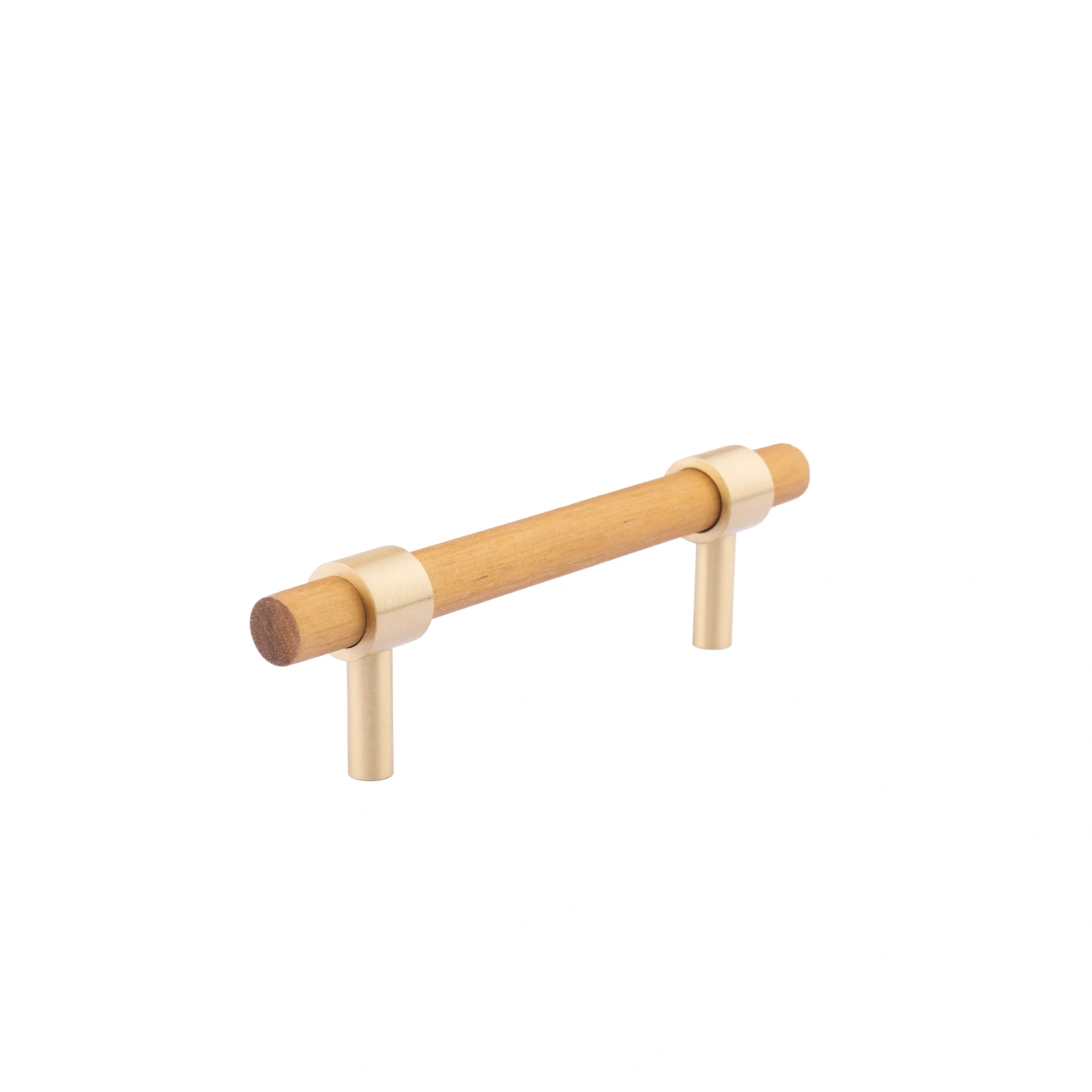Walnut and brass T-bar handle from Brass Essence collection, showcasing sleek wood and metal design for furniture or cabinetry.