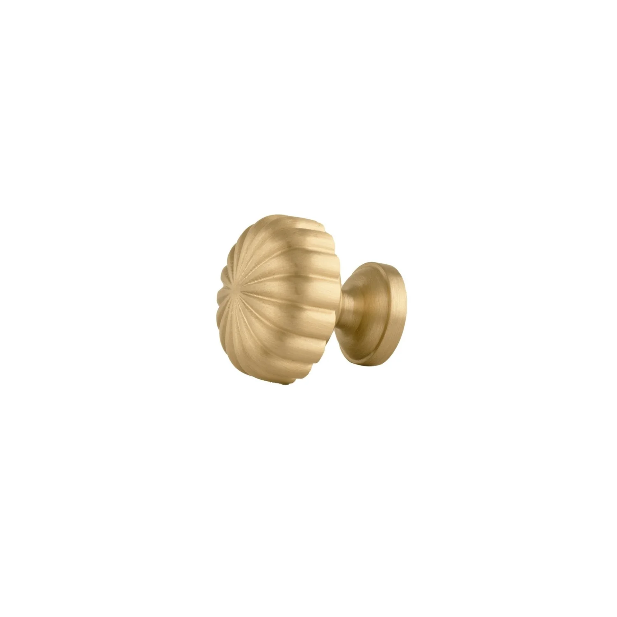 Brass Essence fluted pumpkin solid brass cabinet knob in gold with detailed textured design for cabinet or drawer decor.