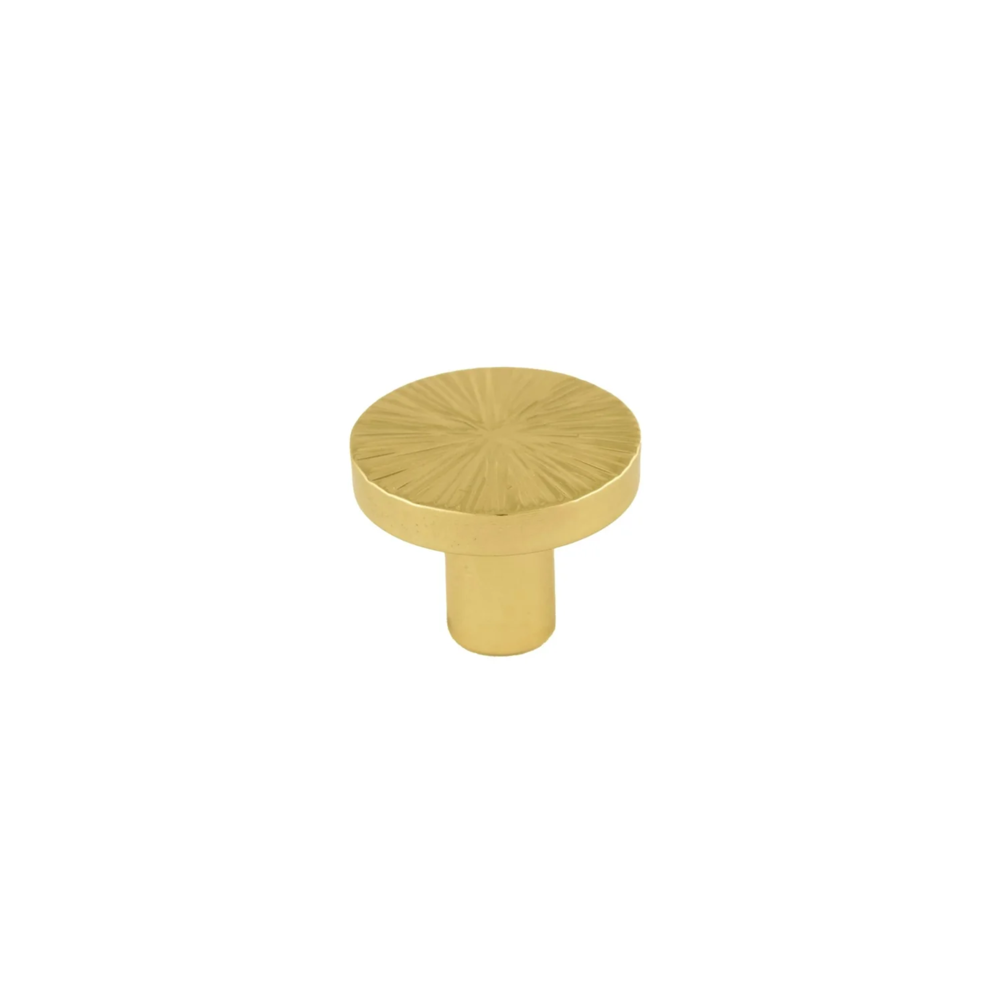 Hammered Sunburst Brass Cabinet Knob by Brass Essence, close-up of textured brass finish and sunburst design for furniture accents.