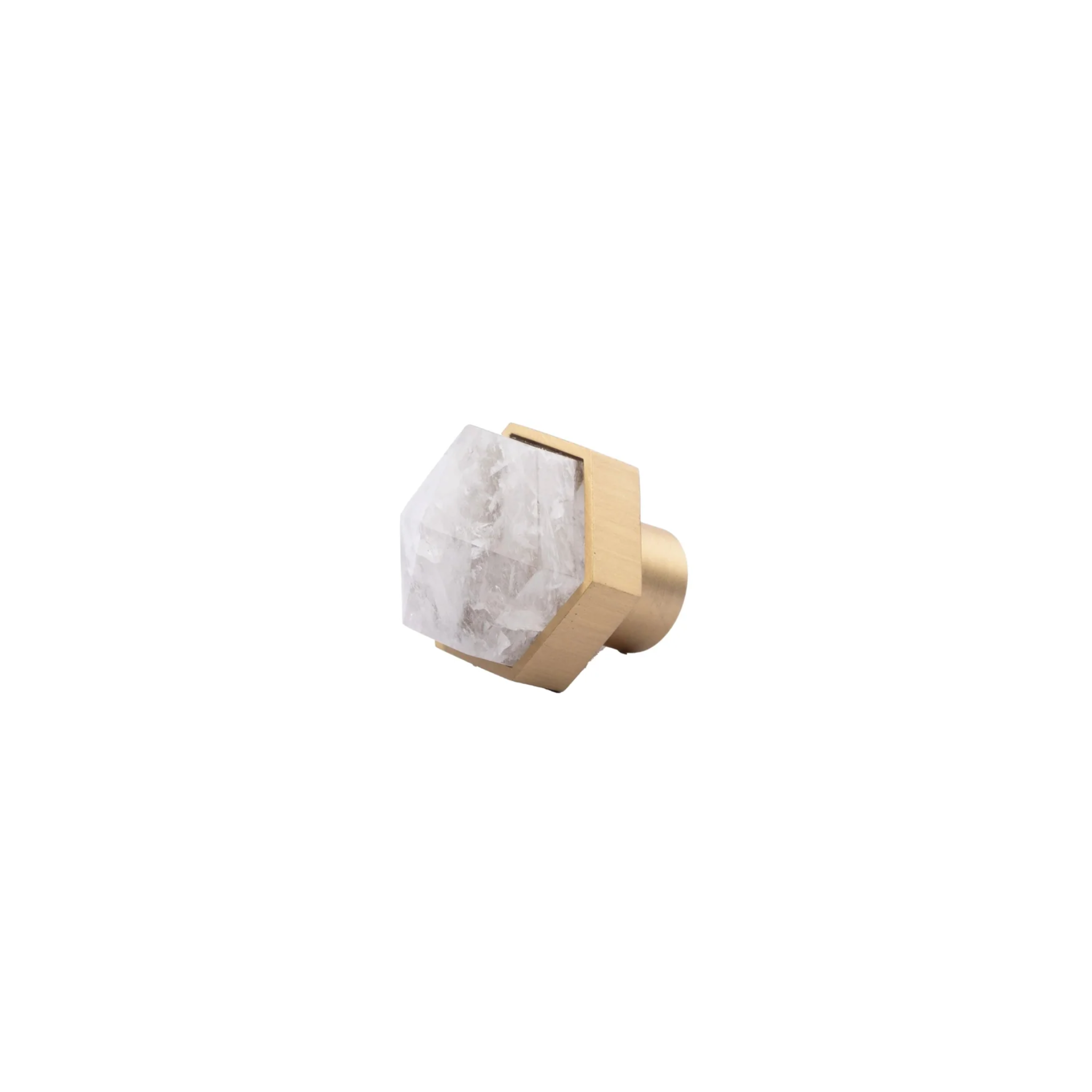 Natural crystal and brass hexagon knob by Brass Essence, showcasing a geometric design with polished crystal and brass accents.