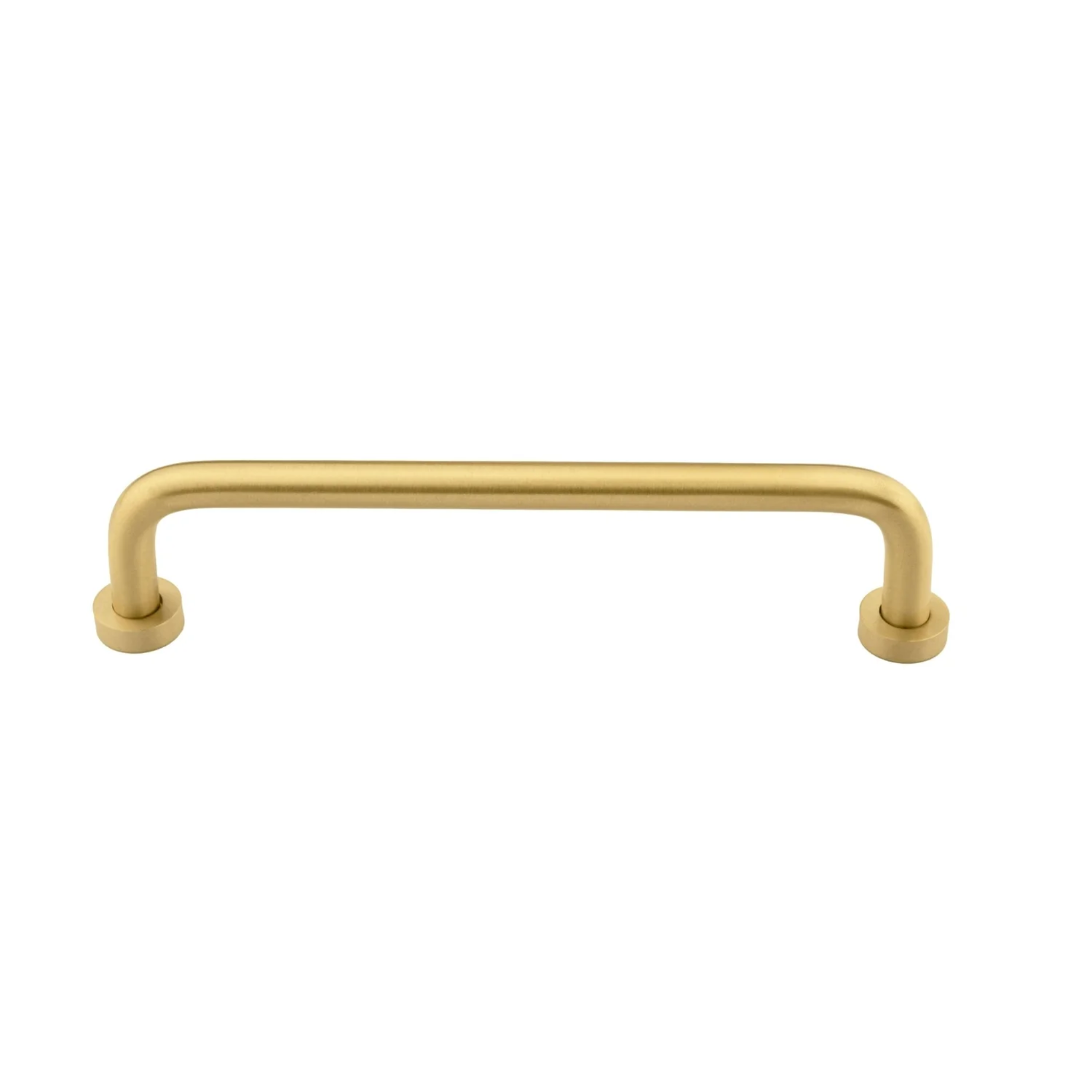 Brass Essence minimalist solid brass curved handle with smooth finish, designed for furniture or cabinetry.