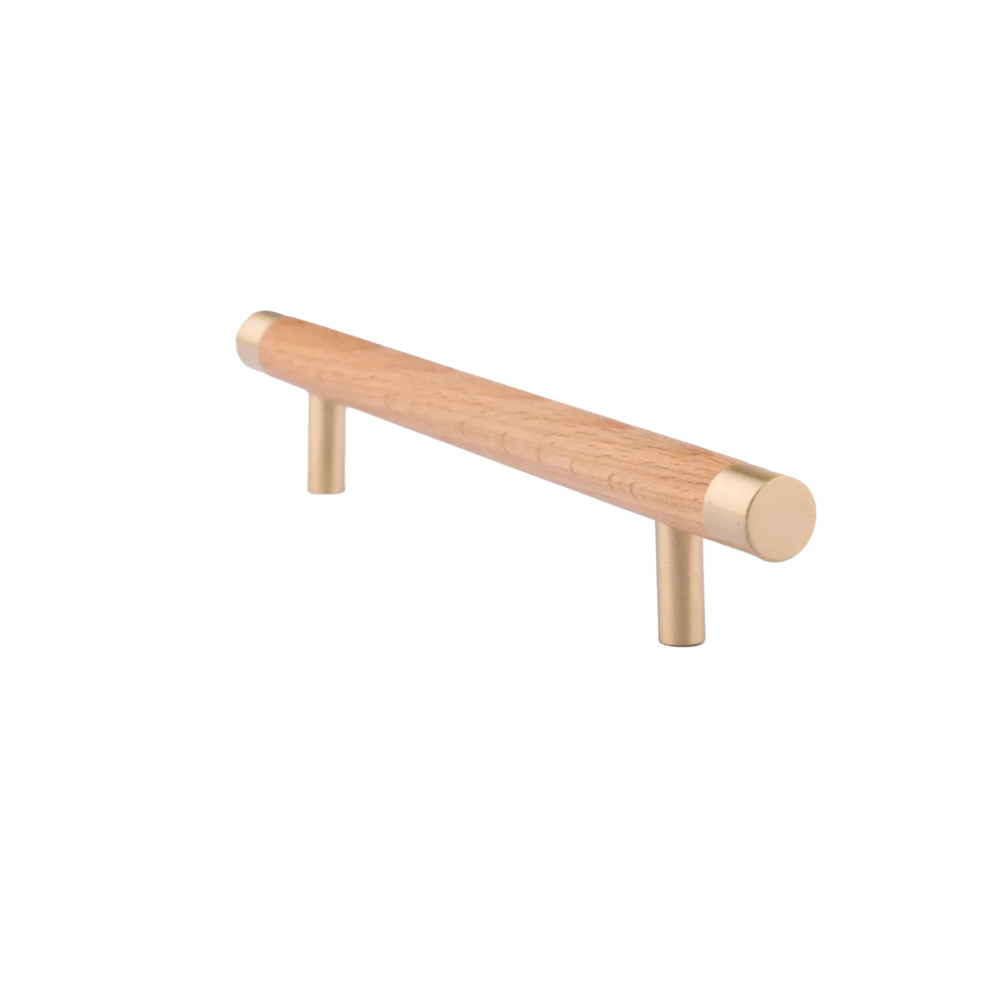 Natural wood and brass T-bar handle from Brass Essence collection, featuring sleek wood and polished brass finish.