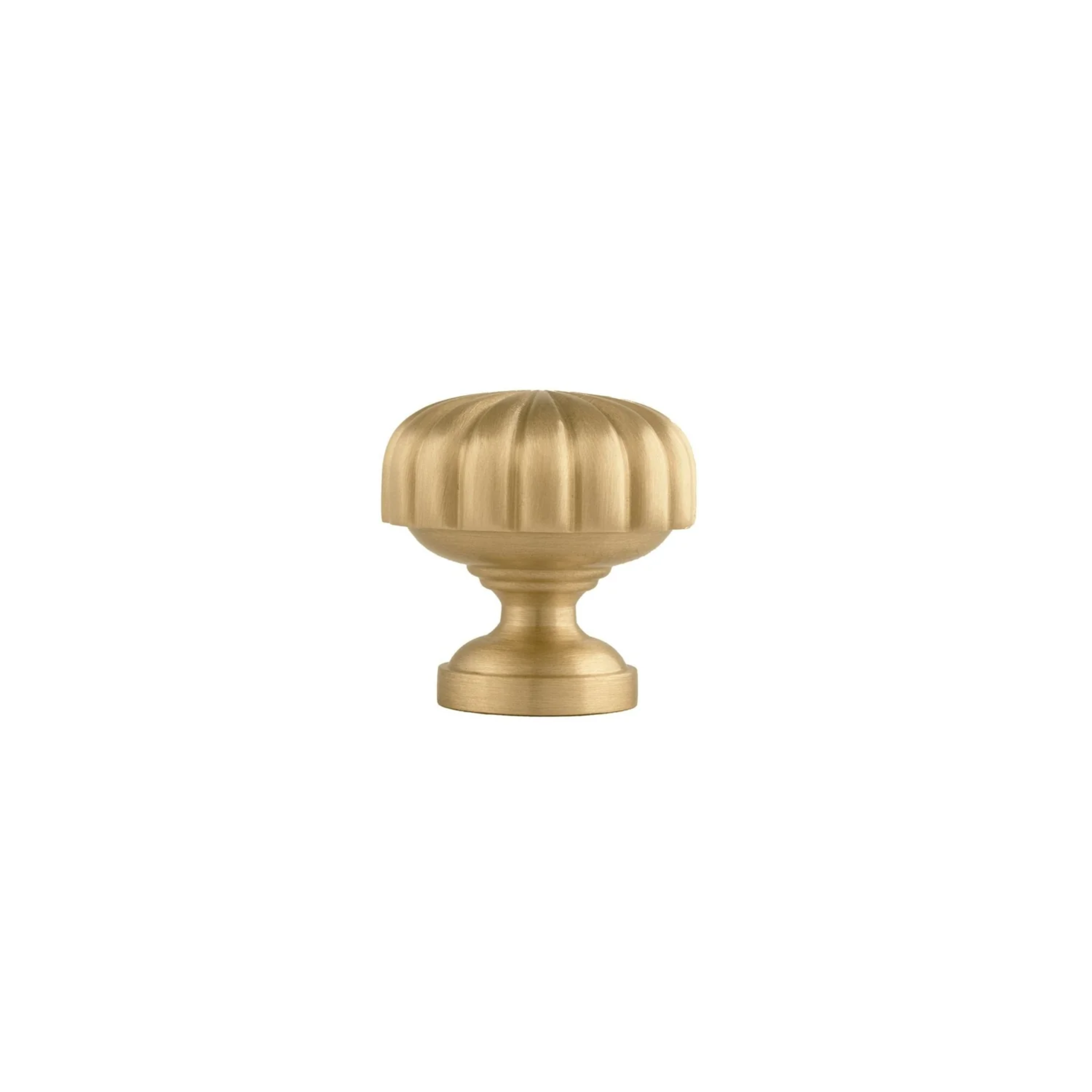 Brass Essence fluted pumpkin solid brass cabinet knob in gold finish, showcasing its decorative, textured design for cabinet doors.