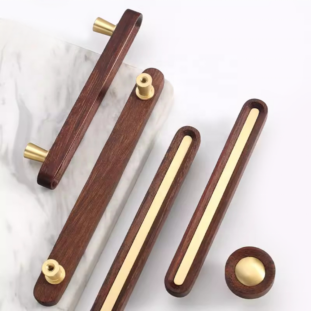 Brass Essence brushed brass and Wenge wood handle with sleek modern design, featuring a smooth brass finish and dark wood accents.