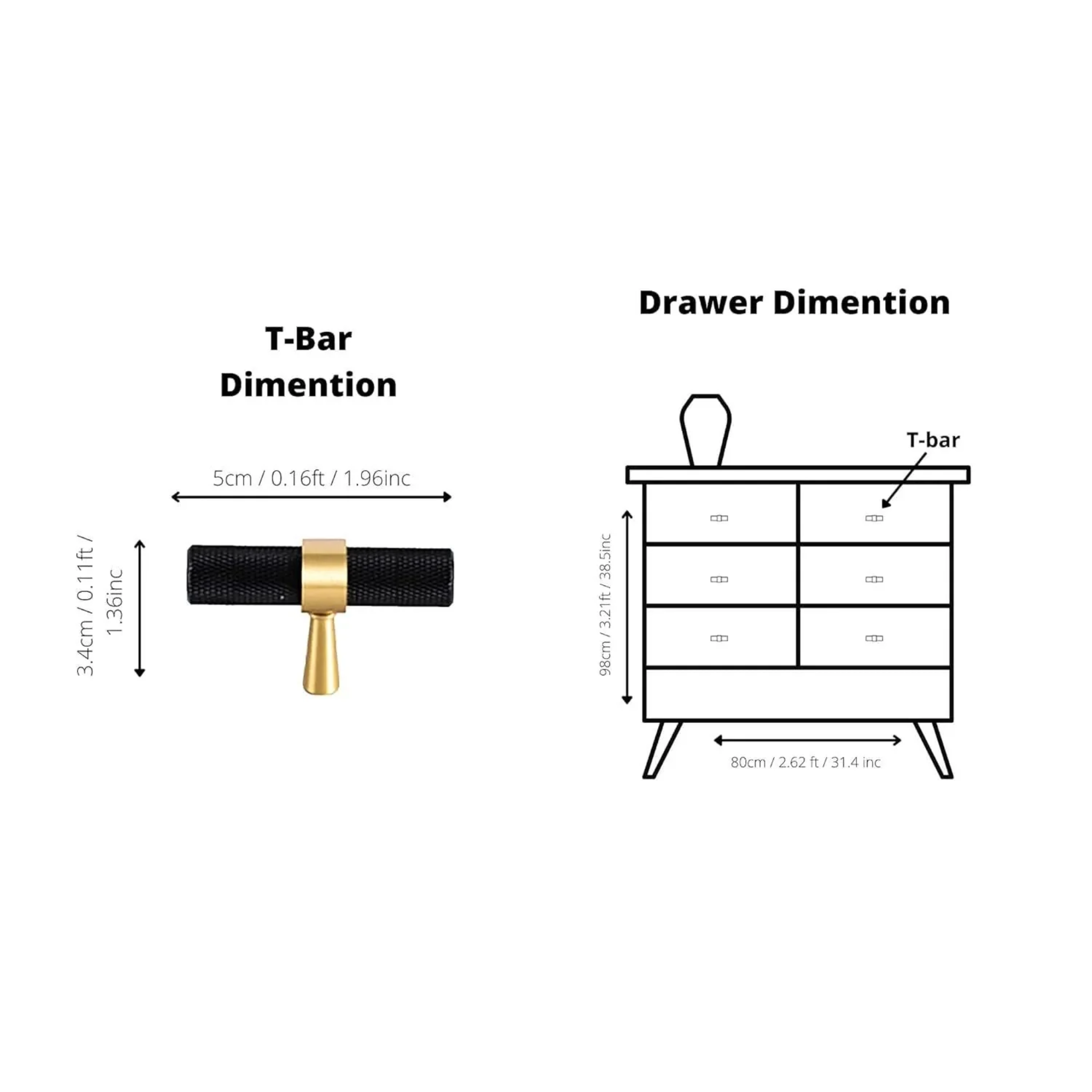 Brass Essence black and gold knurled T-bar handle, sturdy metal construction, ideal for furniture or industrial design projects.