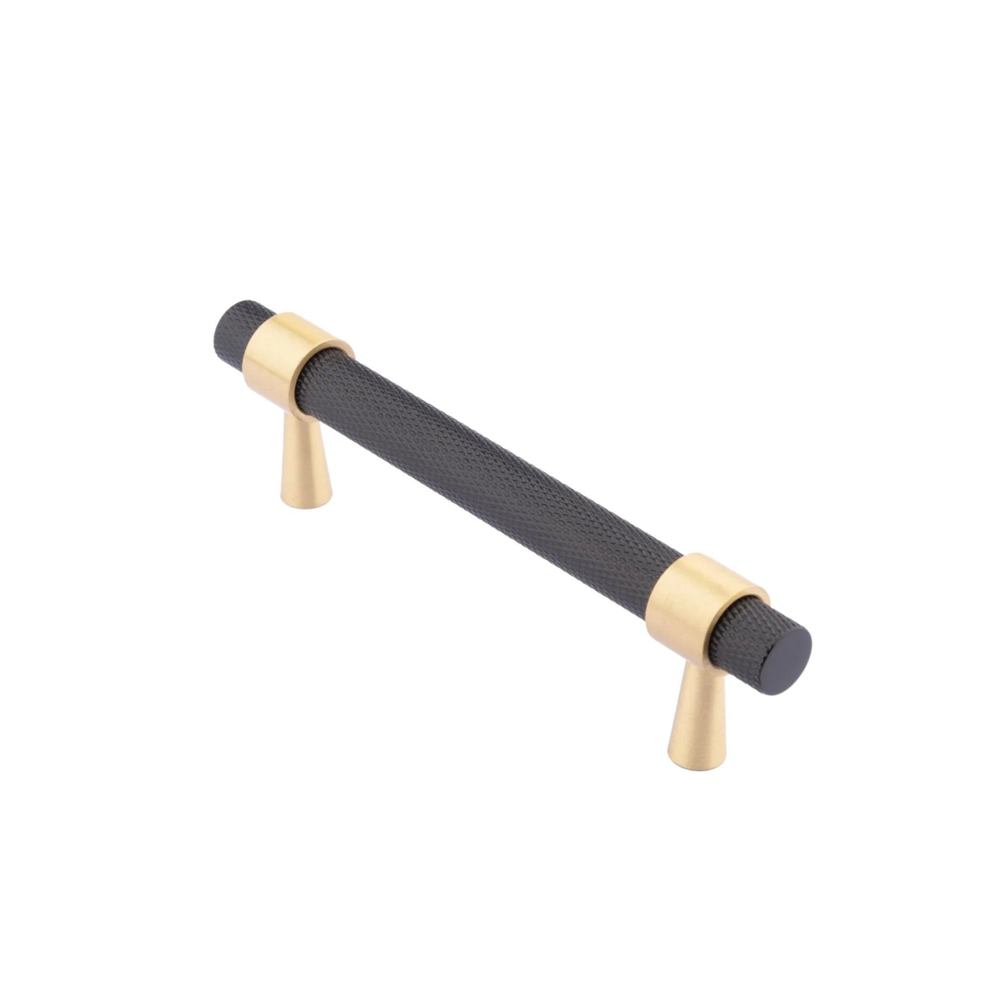 Black and gold knurled Brass Essence T-bar handle from the collection, showcasing textured grip and sleek metal finish.