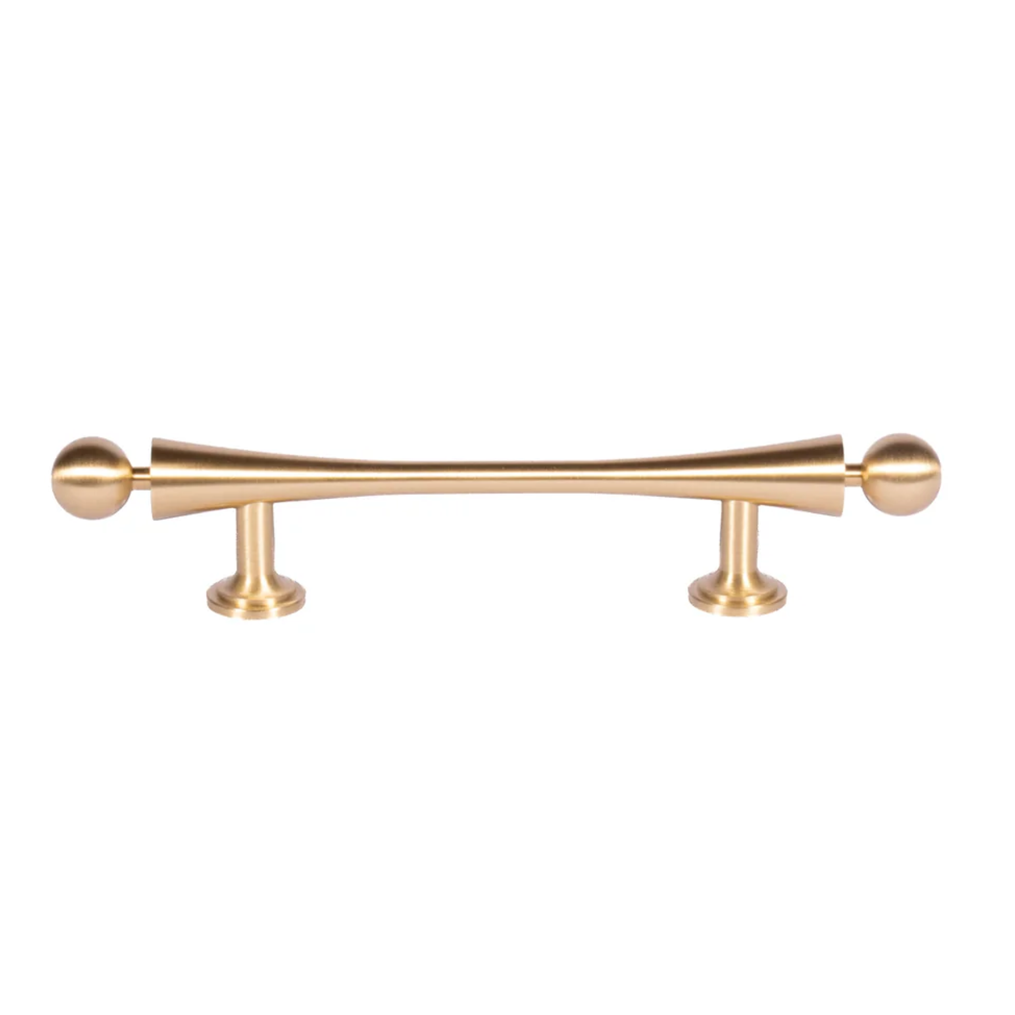 Seasaw Hourglass brass cabinet handle by Brass Essence, brushed brass finish with a sleek hourglass shape for furniture drawers and cabinets.