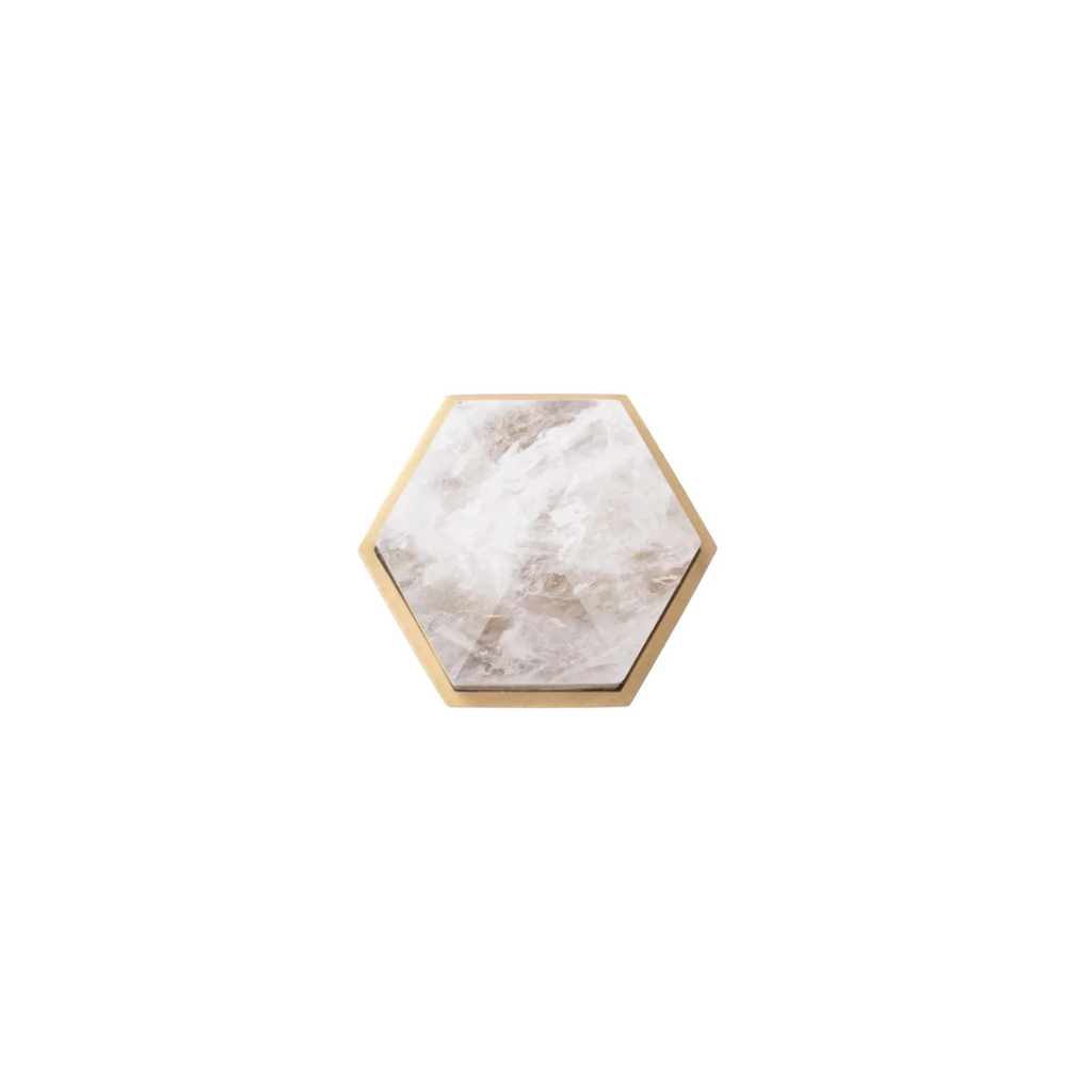 Brass Essence natural crystal and brass hexagon knob with polished brass finish, showcasing the intricate geometric design.