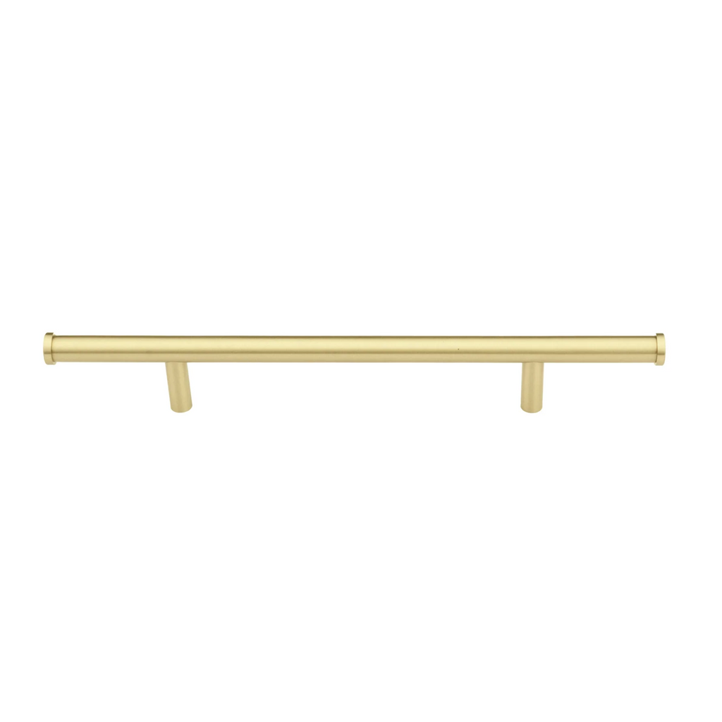 Euro Bar Solid Brass Cabinet Pull from Brass Essence collection, showcasing a sleek, polished brass handle on a cabinet.