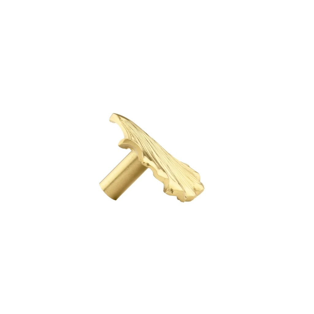 Brass Essence polished gold ginkgo leaf cabinet pull showing detailed leaf design on a sleek hardware piece
