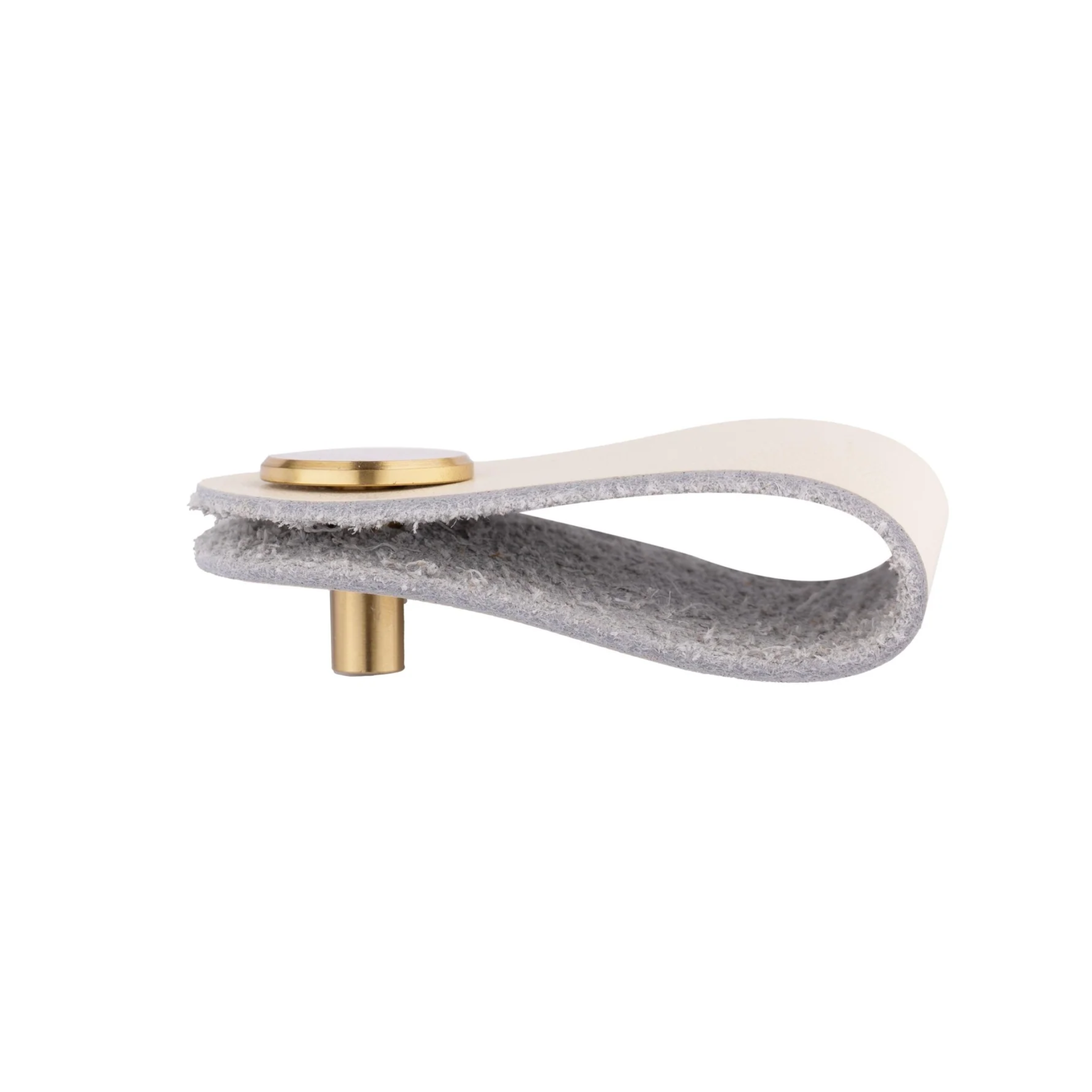 Brass essence leather and brass strap cabinet pull featuring a sleek leather strap and polished brass hardware.