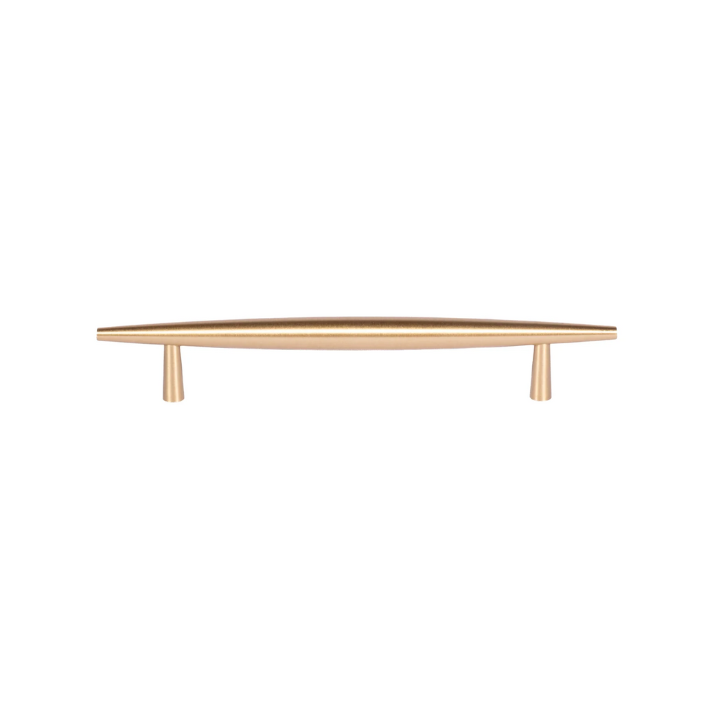 Tapered brass cabinet pull by Brass Essence with sleek, polished finish and ergonomic handle for drawers and cabinets.
