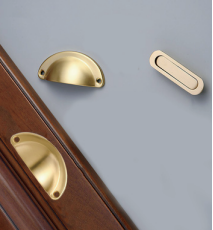 Brass essence Classic Brushed Brass Shell Pull handle with rounded shell design on a door or drawer in close-up.