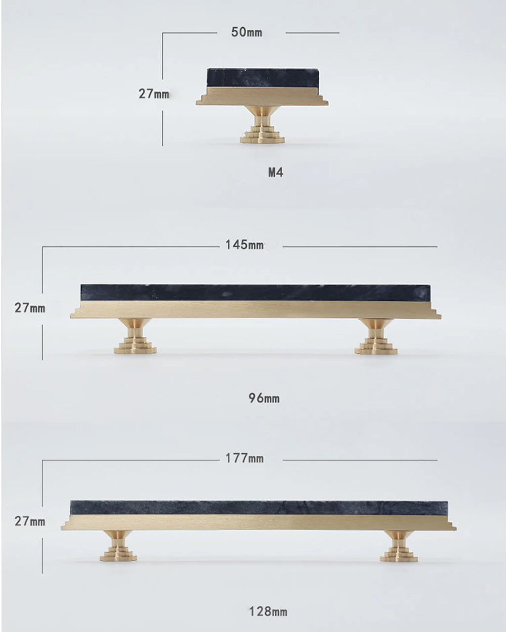 Karish Modern white marble and brass T-bar handle by Brass Essence, featuring sleek design and polished finish for furniture or cabinets.